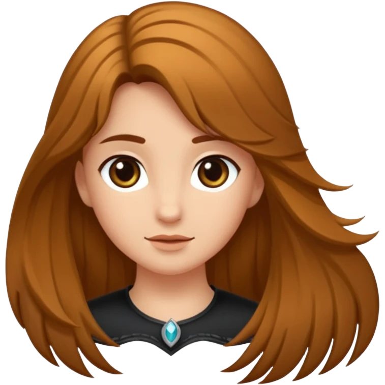 Ein braunhaariges Mädchen mit langen glatten Haaren und sitzend auf einem Braunen Pferd mit schwarzer Mähne  emoji