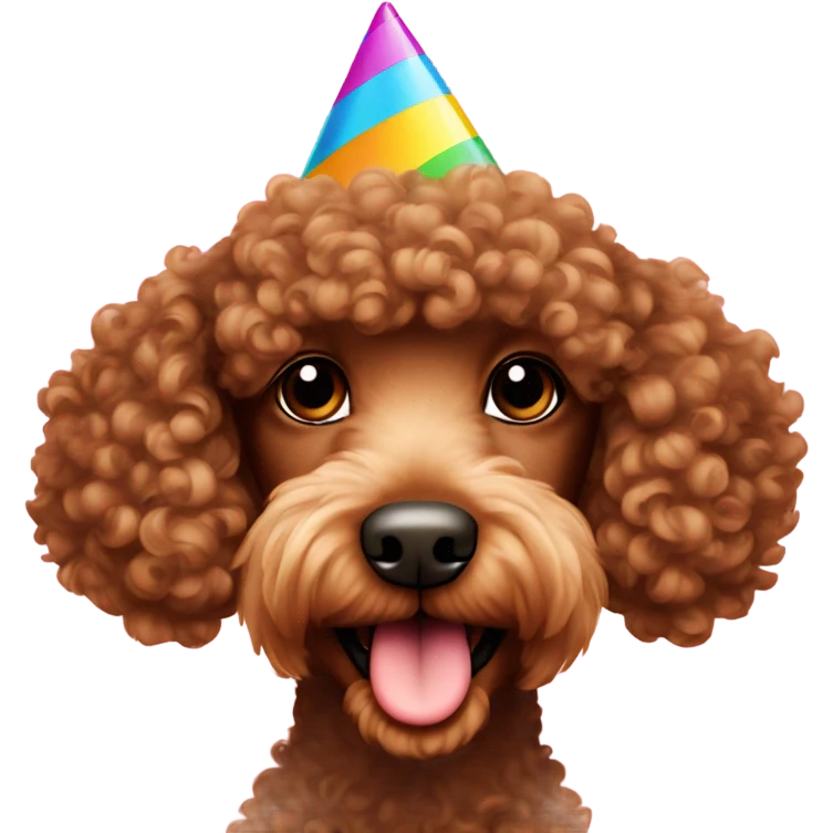 Brown curly hair poodle with a birthday hat emoji