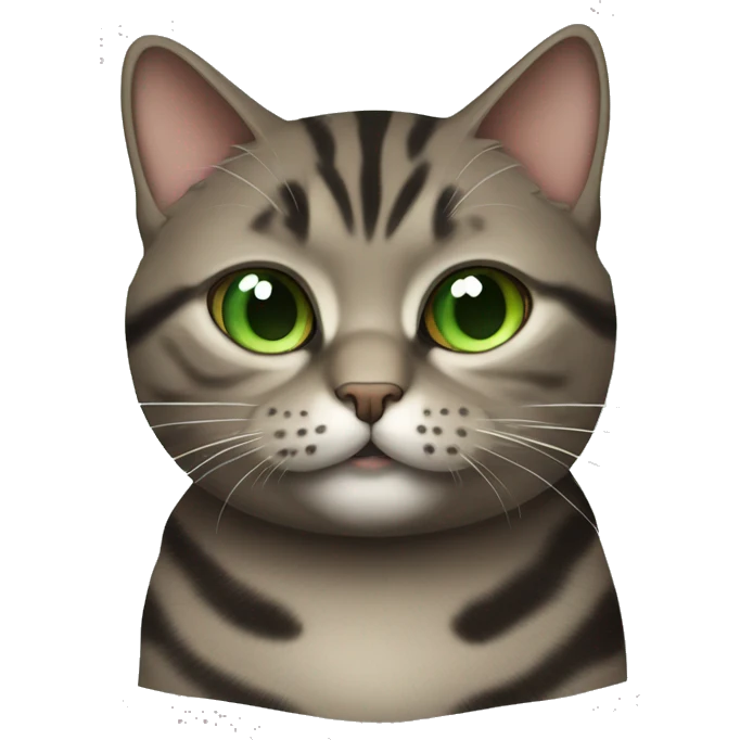 very fat brown and grey and black tabby cat with green eyes emoji