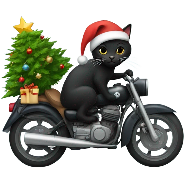 Black cat with a christmas tree as a hat and it’s riding a motorcycle emoji