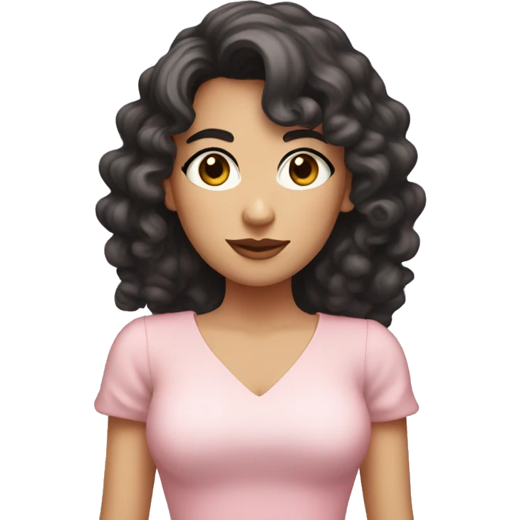 White woman with long black curly hair and bangs and dark brown eyes, wearing a pastel pink dress emoji