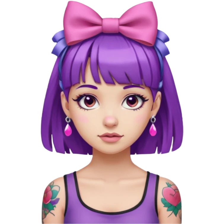 girl with bangs and purple hair and pink hairbow on the side of head and earrings and tattoos emoji