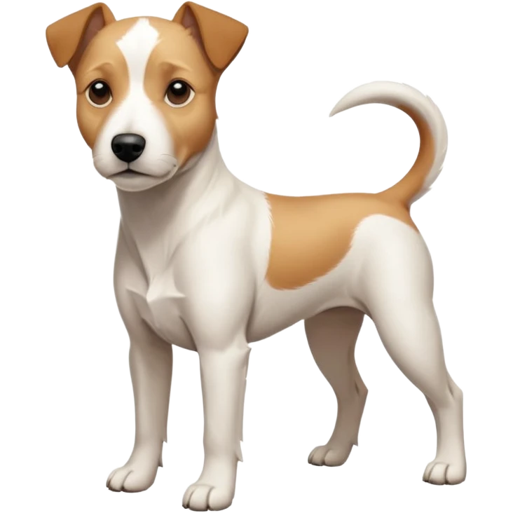a full body facing front on of a buff white parson russell terrier looking dog the size of a kelpie with light brown long ears resting on its face and a light brown patch above one eye and a large snout. the rest of the dog is completely white.  emoji