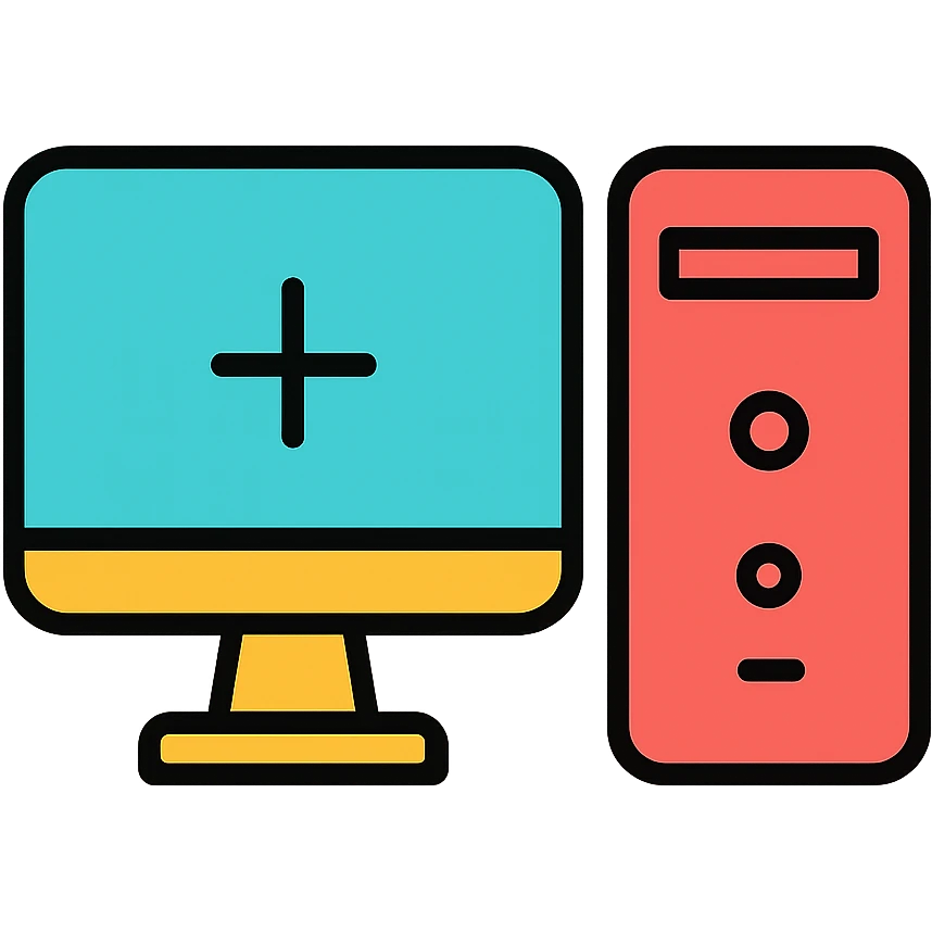 PC computer, lineal color outlined icon style, with black outlines and color fills emoji