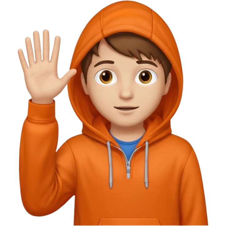 Brown hair boy in orange hoodie waving hi emoji