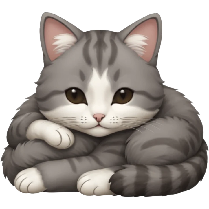 dark grey and white small cat with his eyes closed, leaning his head on his paw while leaning on his elbow lying down emoji
