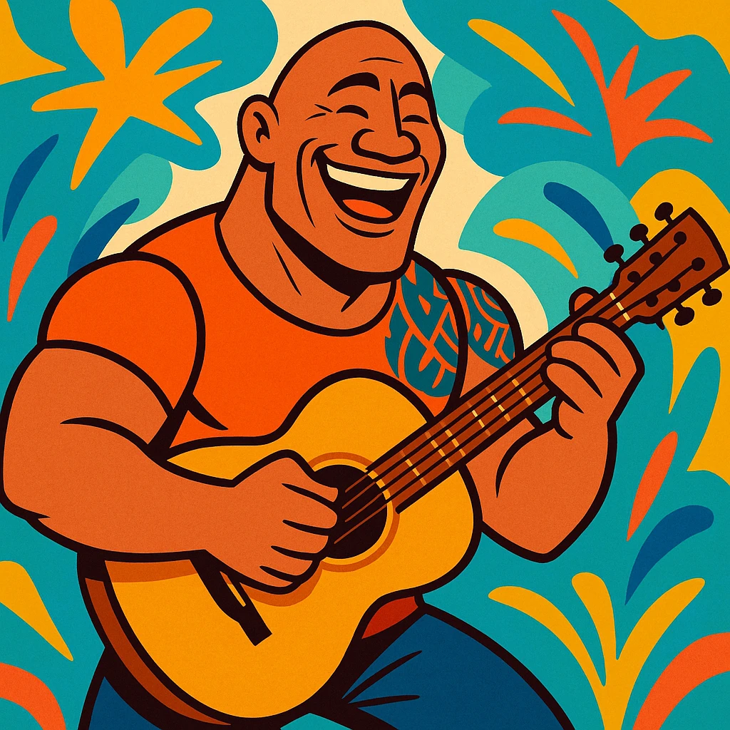 The Rock (Dwayne Johnson) playing a guitar, fun cartoonish style emoji