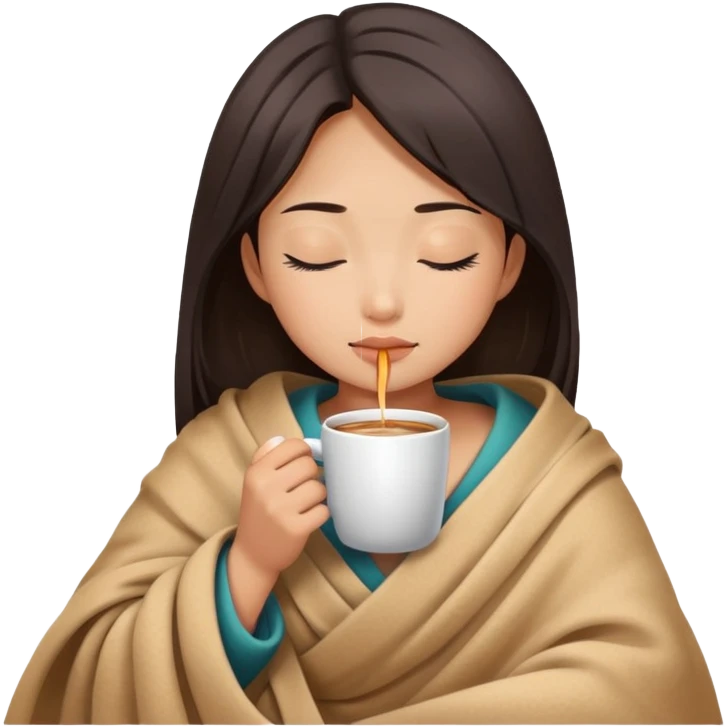 Asian girl inside a blanket sipping coffee eyes closed emoji