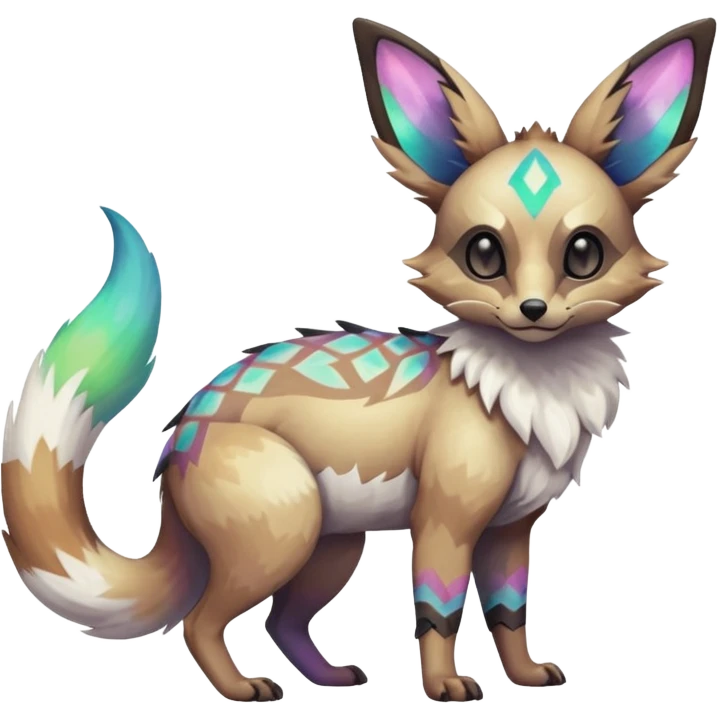 Rare iridescent white exotic epic aesthetic colorful Trico-Eevee-Genet-species-Fakemon-hybrid-creature, with intricate tattoo markings, full body emoji
