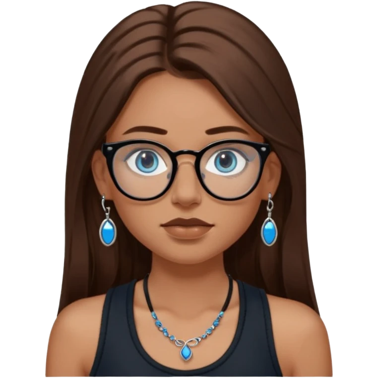White girl with long brown hair, part going more to the RIGHT side, BLUE eyes, wearing BLACK plastic frame glasses. SEPTUM nose piercing hoop (at bottom of nose) AND stud nose piercing on right side of nose. Wearing BLACK tank top. No other jewelry emoji