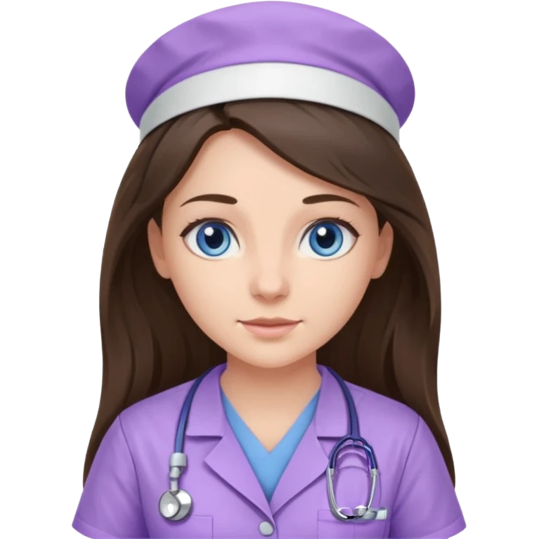 pretty brunette nurse with long hair and blue eyes in lilac scrubs emoji
