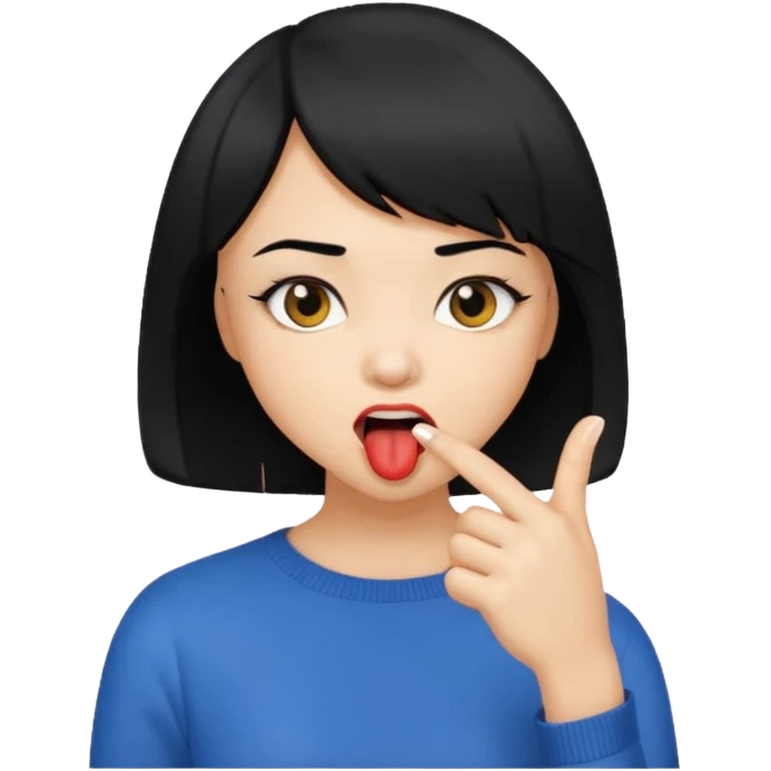 Chicas con pelo negro y corte bob haciendo que se muerde uno de sus dedos de manera picara, puedes hacer que se muerda el dedo emoji