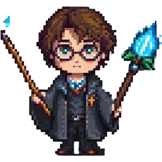 Harry Potter holding a magic wand in pixel art style emoji