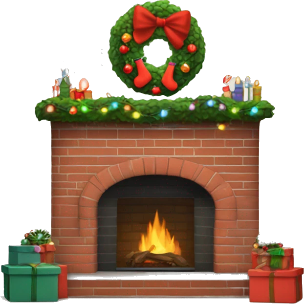 Brick Fireplace with wreath and Christmas lights and stockings emoji