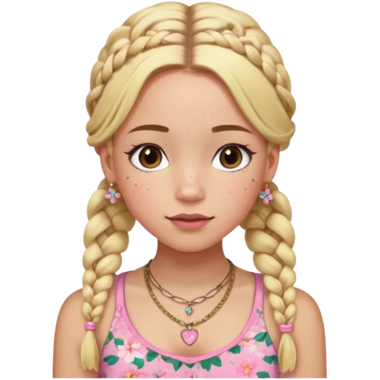 A girl whit freckles and a blush whit two braids blonde a necklace and a pink croptop and a cute flower skirt short emoji