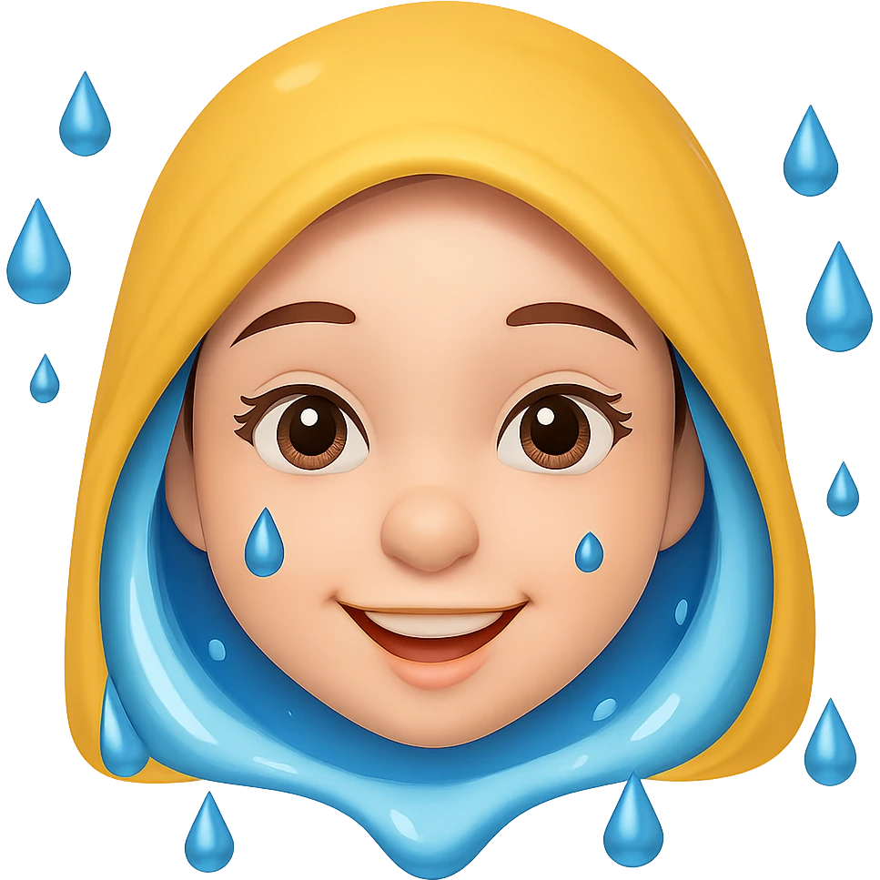A girl with water drops over her head, showing a happy facial expression, in the style of emoji. Remove the background. emoji