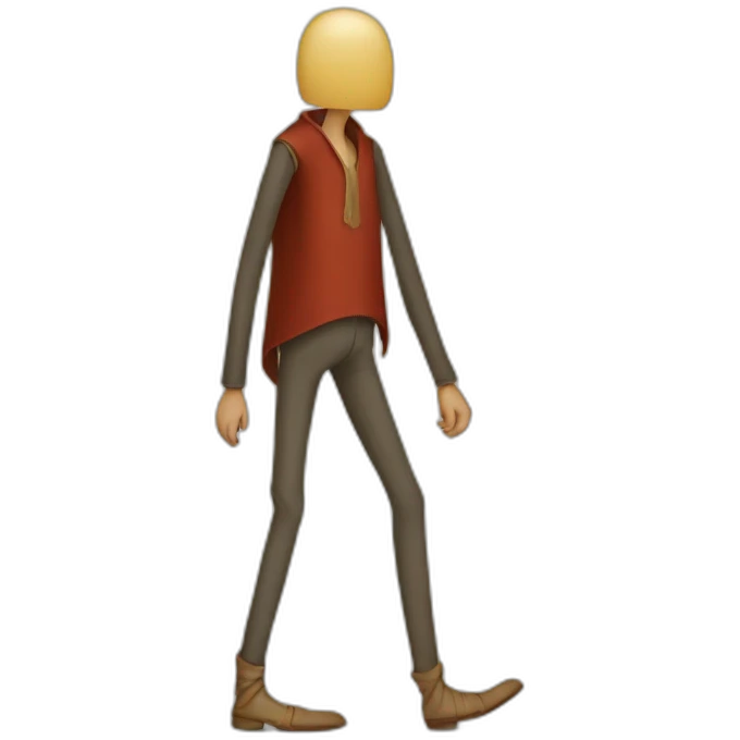 person with inhumanly long legs, wide pants, walking, medieval emoji