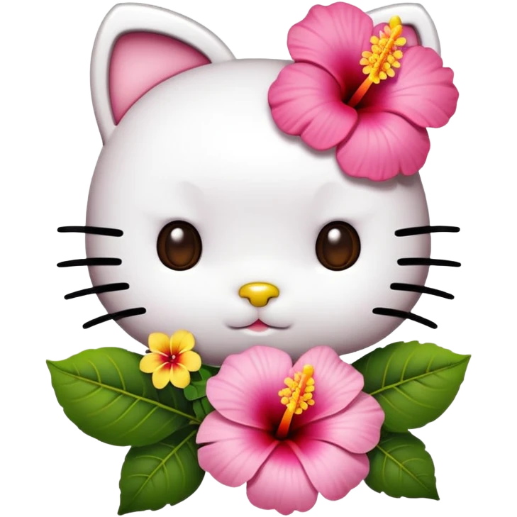 Create an emoji-style face of Hello Kitty with brown skin. She should have her iconic round face with no mouth, black oval eyes, and a yellow nose. Replace her usual bow with a pink or red hibiscus flower tucked behind one ear emoji
