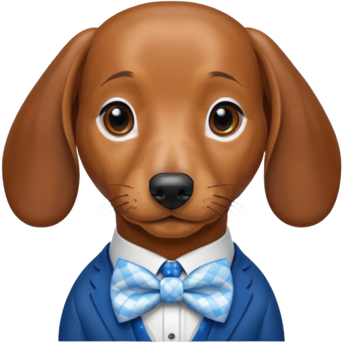 Brown daschund with white chest and blue checkered bow tie  emoji