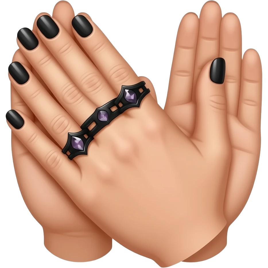 Hands clapping together left hand palm-up, right hand clapping it's heel , with black nailpolish - and 2 black Gothic rings with small black and purple gemstones on one hand. emoji