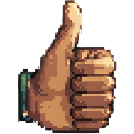 Thumbs up hand with dark skin and light skin highlights, pixelated style emoji