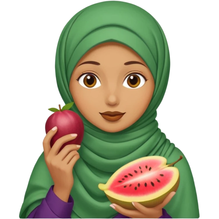 a woman wearing a pashmina hijab is eating emoji