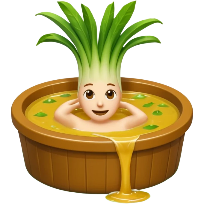 Create a 3D emoji of a relaxed leek in a jacuzzi filled with a slightly lumpy, yellowish-brown sauce emoji
