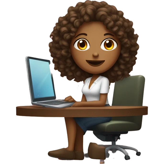 a woman with curly brown hair, not dark olive skin, with a computer in front of her, sitting cross-legged and with a glass of wine or a cocktail beside her emoji