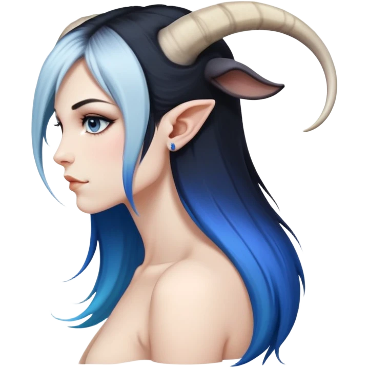 Art of a human white woman's very very sexy body scheme anatomy-very long straight black to blue hair ombre-profile view-small goat horns emoji