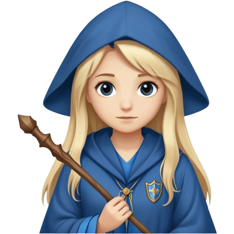 Girl with Long straight light blond hair with a ravenclaw Robe and a wooden small wand emoji