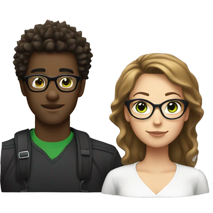 black male with spikey hair and glasses and white female with brown wavy hair , green eyes and glasses emoji