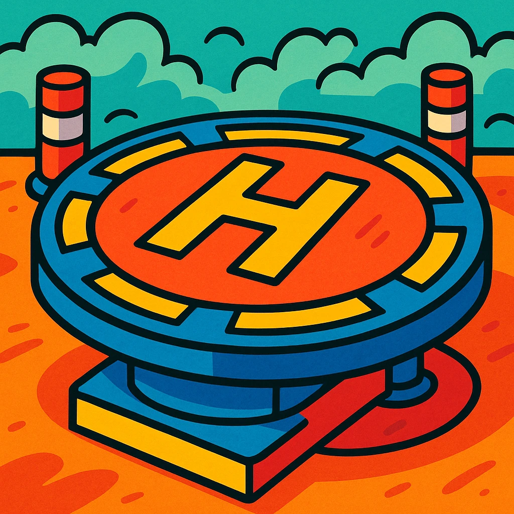 cartoonish helipad, round platform with large H, vibrant colors, exaggerated details emoji