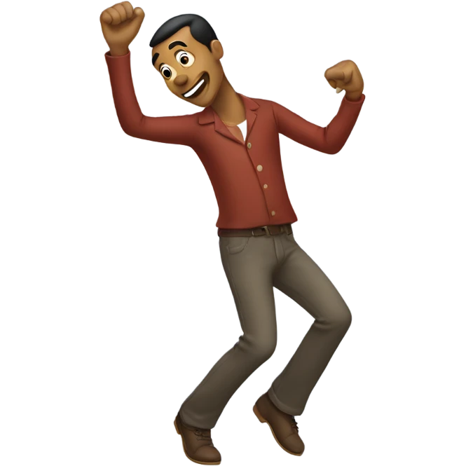 A goofy man dancing. One arm is bent upwards and the other down.  emoji