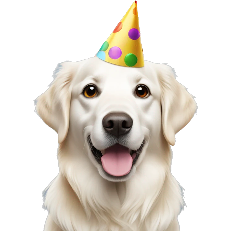 White golden retriever wearing multicolor party hat emoji
