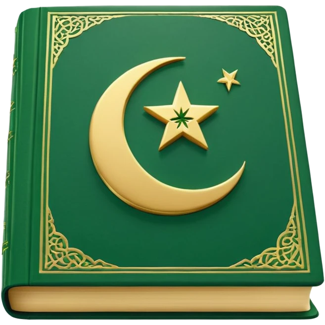 Closed Quran with the Islamic Symbol on it (moon and star) green from left to right emoji