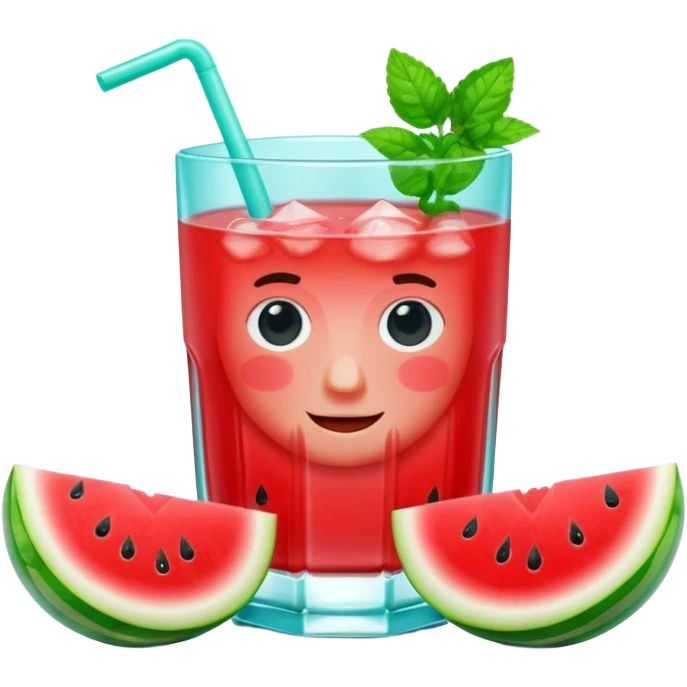A 3D cartoon glass filled with watermelon juice, ice cubes, mint garnish, bright red color, smooth reflections, soft natural lighting, Memoji-style. emoji