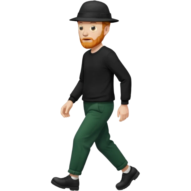 גבר זקן ג'ינג'י מלא כובע שחור הפוך חולמה שחורה ומכנסיים ירוקות ארוכות מבצע הליכה במקום  emoji