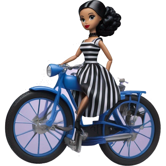 1920s black hair Silkstone Marie Antoinette Barbie Wednesday Addams from academy in a blue and black vertically-striped classic dress. riding hot rod bikes with crows emoji