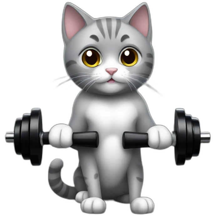 Super cute grey cat working out with black dumbbells emoji