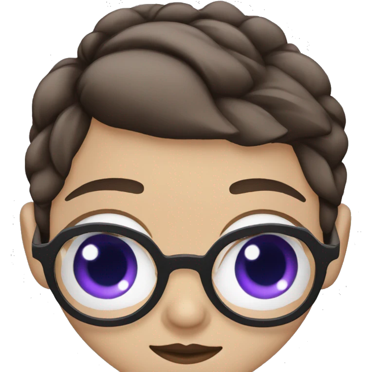 White Girl with blue eyes, square face, big lips, big teeth, long dark brown hair, purple glasses, well groomed eye brows emoji