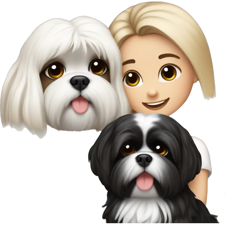 A couple, one very beautiful girl with very long volume hair brown and blond and one boy with perfect hair that hugs her and also hug two black and white shih tzu and they are in love  emoji