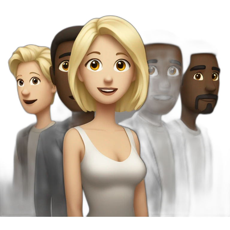six dark-skinned men stand behind one pale blonde woman emoji