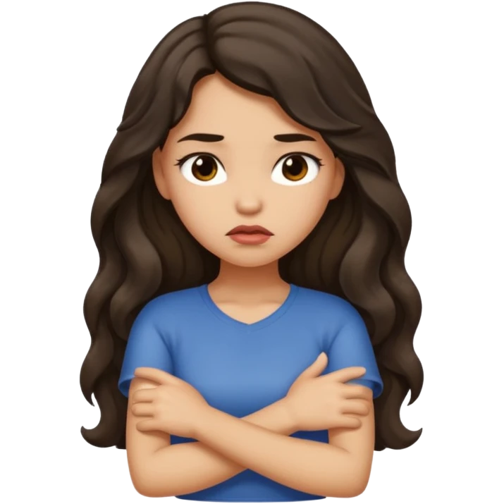 Light tan girl with dark, long, wavy hair crossing her arms and pouting emoji