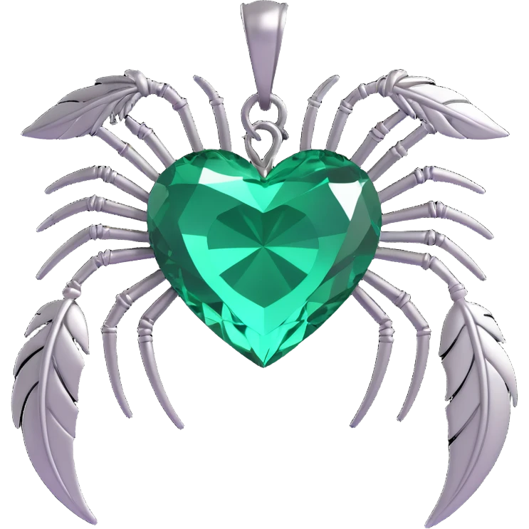 3D emoji gothic heart, emerald green crystal, silver spider charm, feather accents, misty background emoji