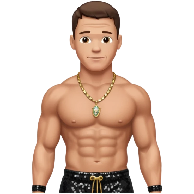 John Cena with black sequin baggy pants, shirtless with necklace, brown hair emoji