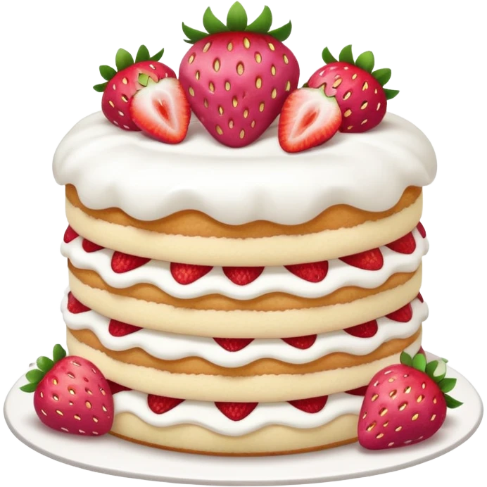 A pink strawberry shortcake that has 3 layers and is round with fluffy white icing  emoji