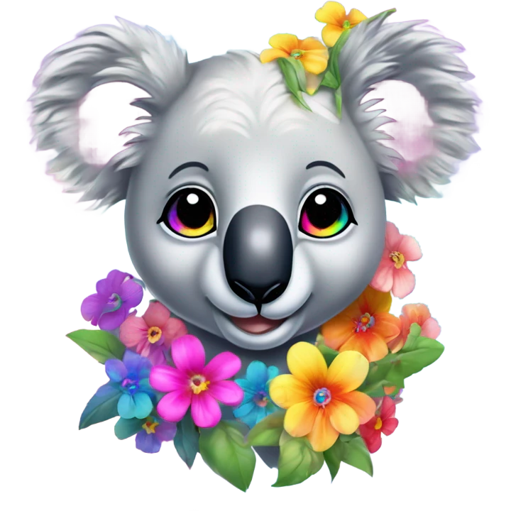 Lisa Frank koala bear with rainbow eyes with flowers emoji