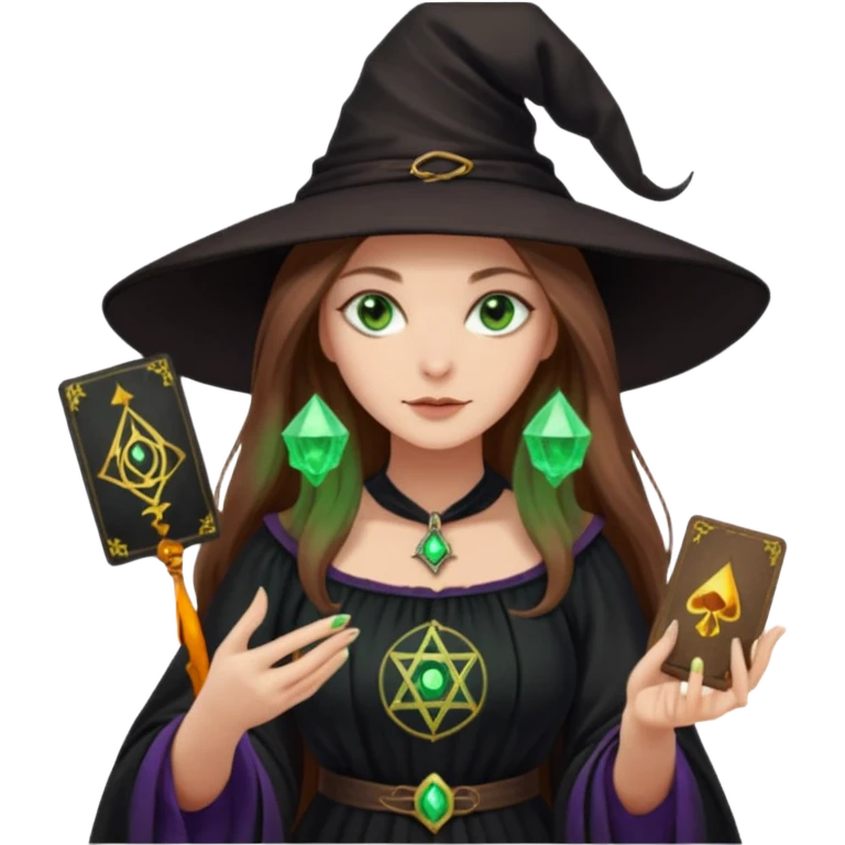 dark witch girl with long light brown hair and green eyes and Tarot cards emoji