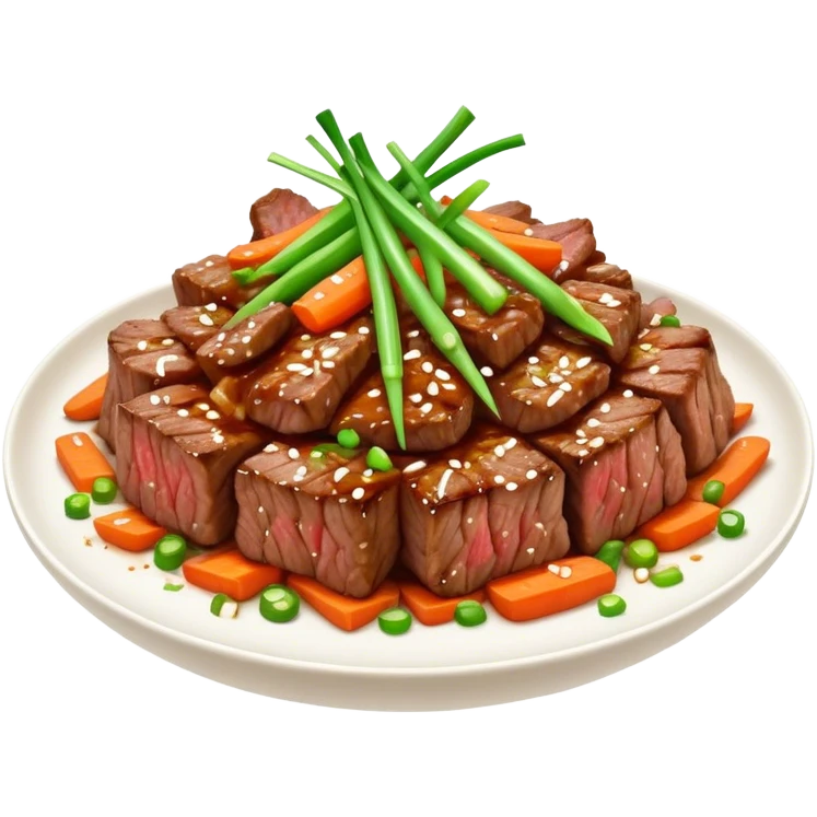 Cinematic Realistic Bulgogi Dish Emoji, featuring tender, marinated beef stir-fried with vegetables rendered with dynamic textures and mouth-watering lighting. emoji