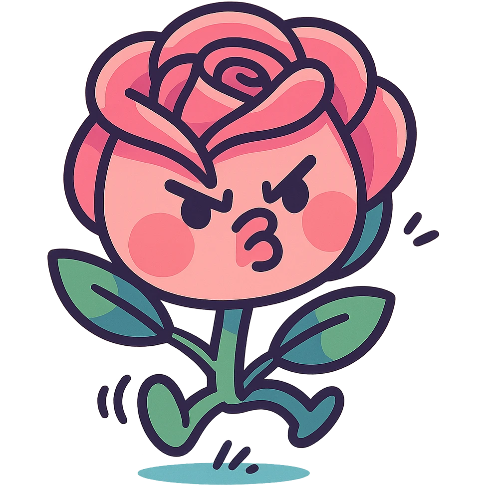 soft pink rose flower with puffed cheeks and an angry pouty face, stomping adorably, pastel tones, chibi round shape, vibrant-toon style emoji